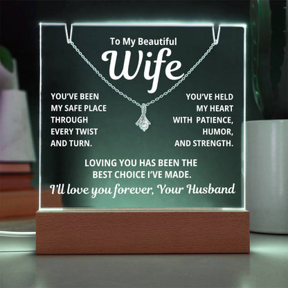 To My Beautiful Wife 2 in 1 Gift Set - Best Choice I've Made - Keepsake Acrylic Plaque with Timeless Alluring Beauty Necklace - Free Shipping Included