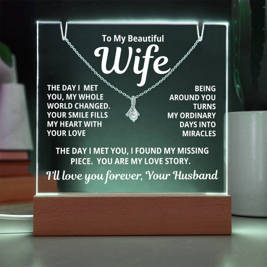 To My Beautiful Wife 2 in 1 Gift Set - You Are My Love Story - Keepsake Acrylic Plaque with Timeless Alluring Beauty Necklace - Free Shipping Included