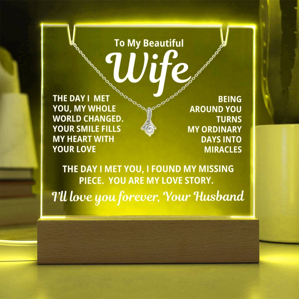 To My Beautiful Wife 2 in 1 Gift Set - You Are My Love Story - Keepsake Acrylic Plaque with Timeless Alluring Beauty Necklace - Free Shipping Included