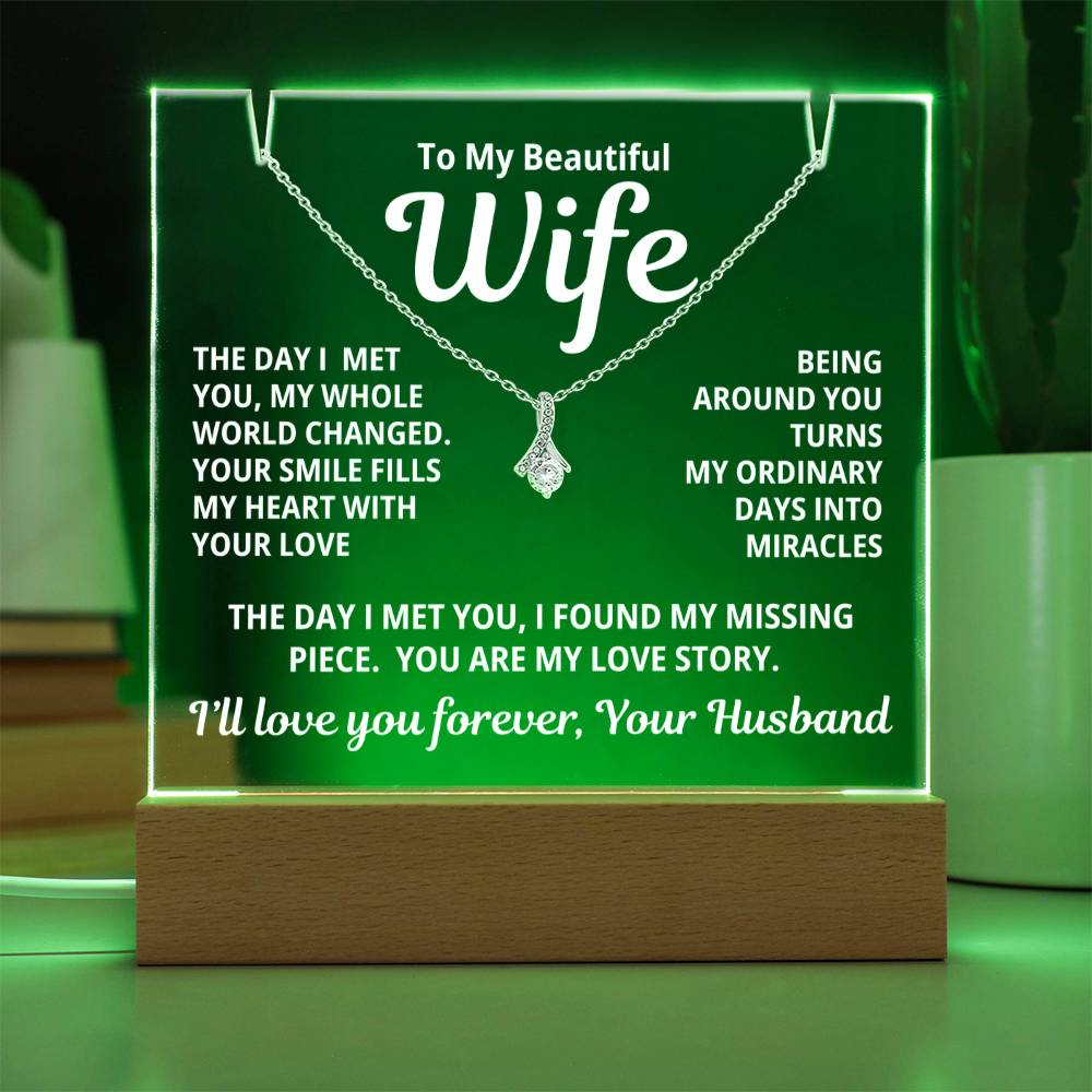 To My Beautiful Wife 2 in 1 Gift Set - You Are My Love Story - Keepsake Acrylic Plaque with Timeless Alluring Beauty Necklace - Free Shipping Included