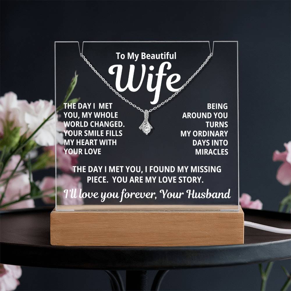 To My Beautiful Wife 2 in 1 Gift Set - You Are My Love Story - Keepsake Acrylic Plaque with Timeless Alluring Beauty Necklace - Free Shipping Included