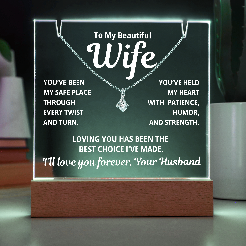 To My Beautiful Wife 2 in 1 Gift Set - Best Choice I've Made - Keepsake Acrylic Plaque with Timeless Alluring Beauty Necklace - Free Shipping Included