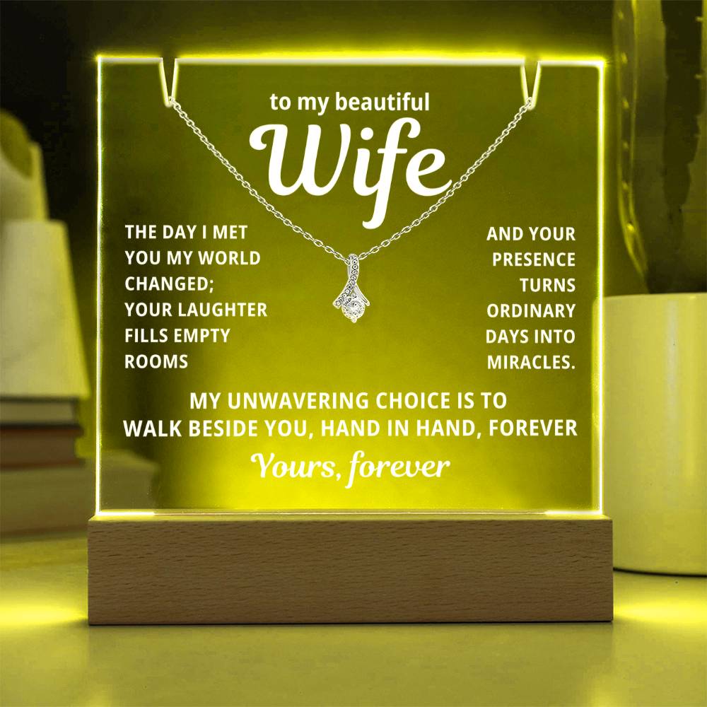 To My Beautiful Wife 2 in 1 Gift Set - Hand in Hand Forever - Keepsake Acrylic Plaque with Timeless Alluring Beauty Necklace - Free Shipping Included