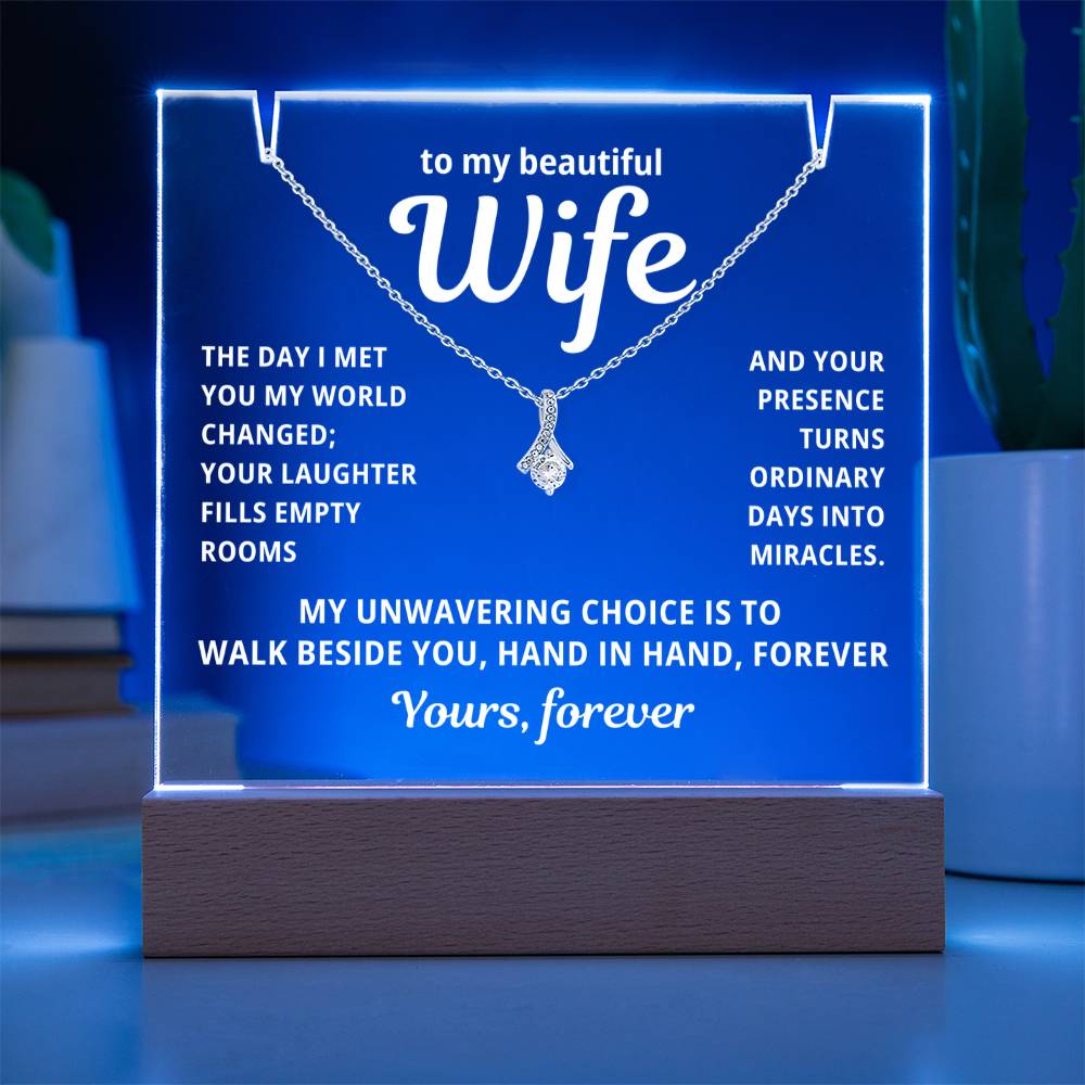 To My Beautiful Wife 2 in 1 Gift Set - Hand in Hand Forever - Keepsake Acrylic Plaque with Timeless Alluring Beauty Necklace - Free Shipping Included