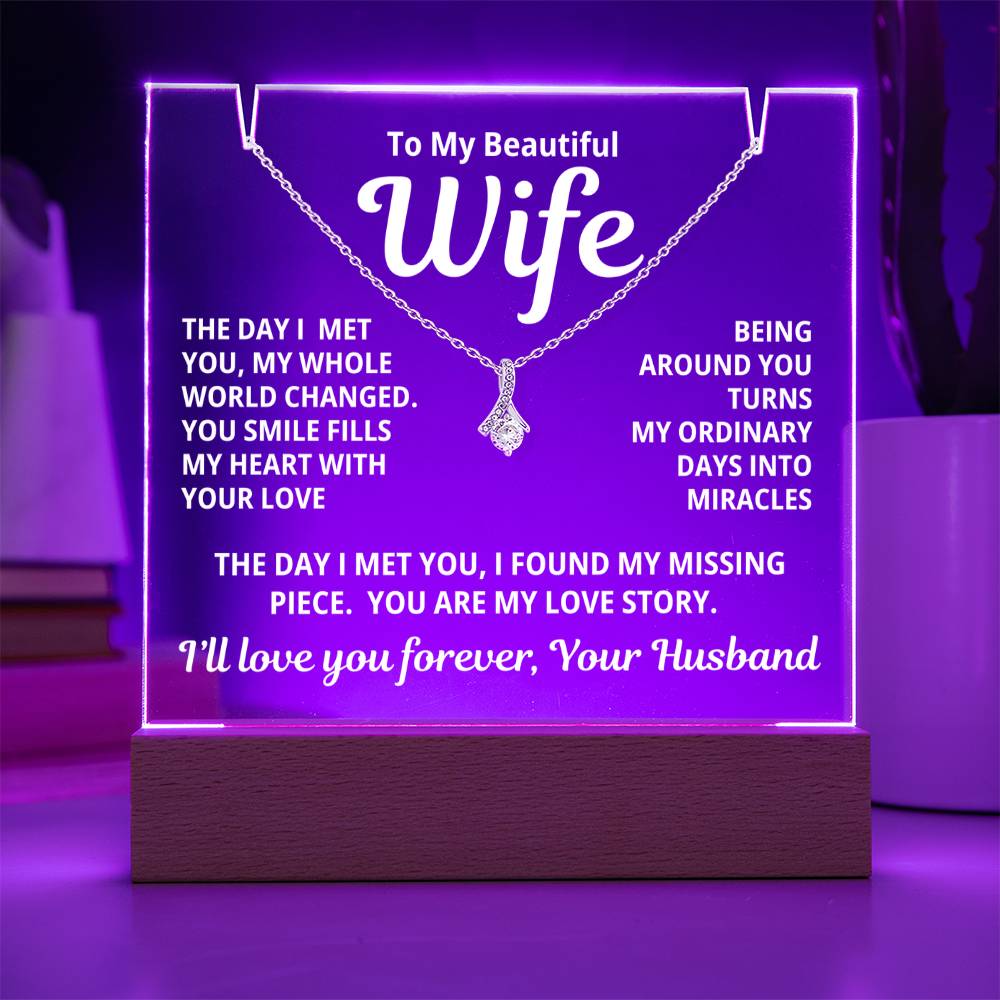 To My Beautiful Wife 2 in 1 Gift Set - You Are My Love Story - Keepsake Acrylic Plaque with Timeless Alluring Beauty Necklace - Free Shipping Included