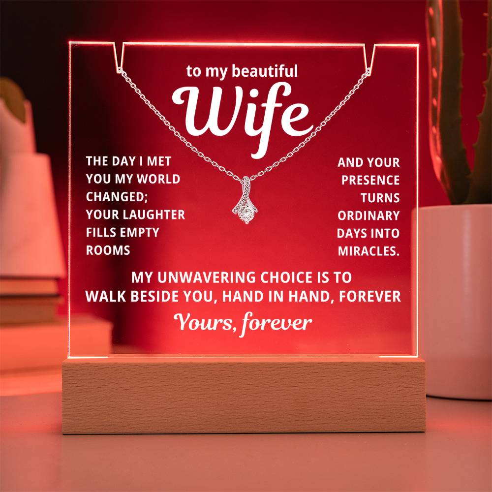 To My Beautiful Wife 2 in 1 Gift Set - Hand in Hand Forever - Keepsake Acrylic Plaque with Timeless Alluring Beauty Necklace - Free Shipping Included