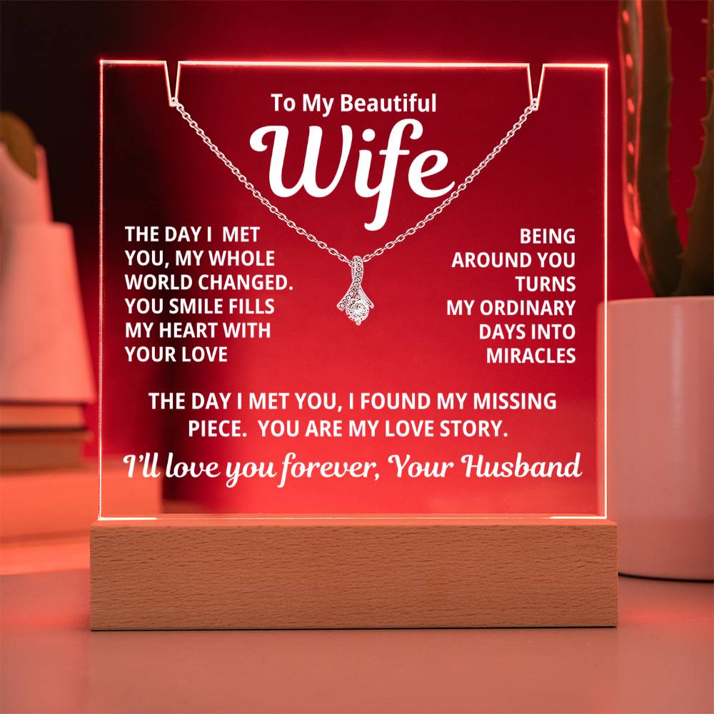 To My Beautiful Wife 2 in 1 Gift Set - You Are My Love Story - Keepsake Acrylic Plaque with Timeless Alluring Beauty Necklace - Free Shipping Included