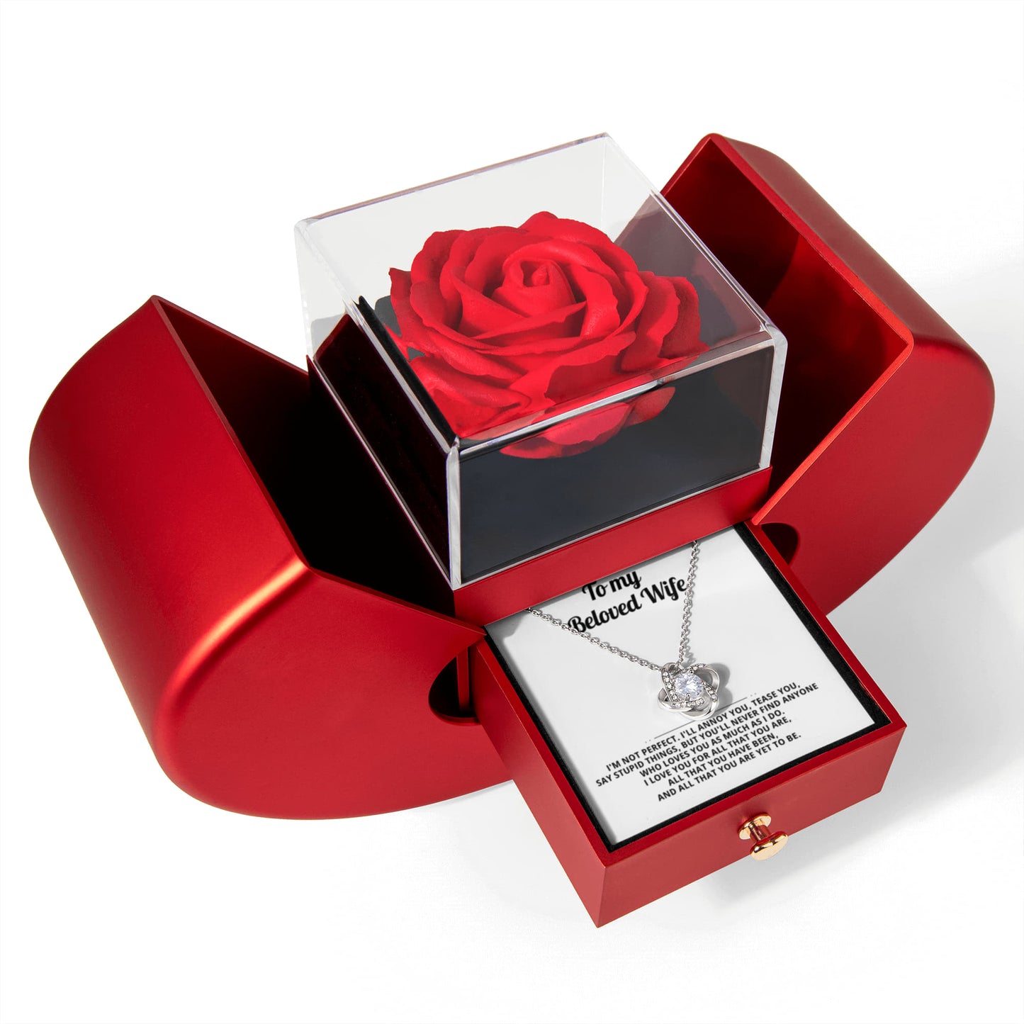 To My Wife - I'm Not Perfect - Eternal Love Knot Necklace with Red Heart Rose Gift Box - Free Shipping Included
