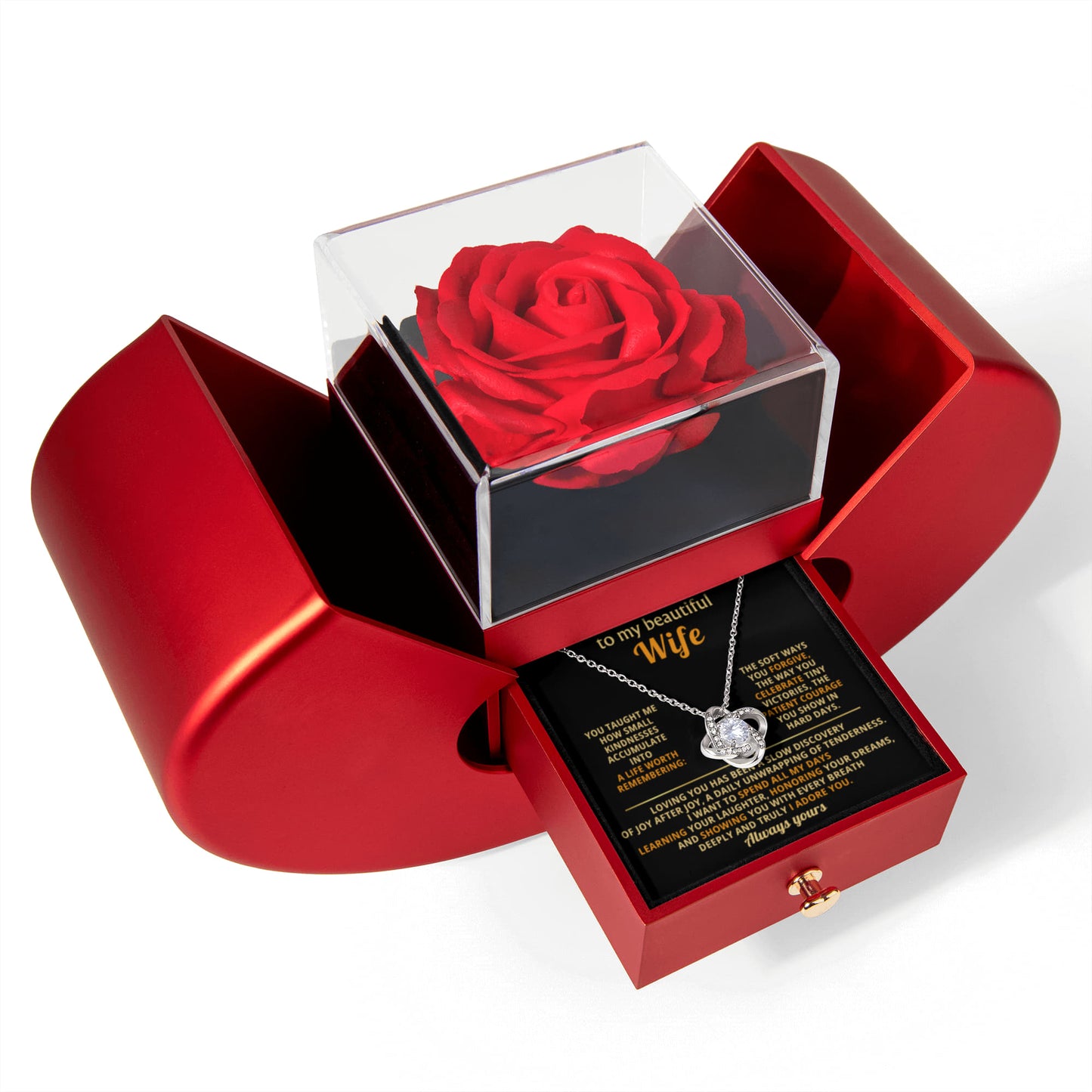 To My Wife - Joy After Joy - Eternal Love Knot Necklace with Red Heart Rose Gift Box - Free Shipping Included