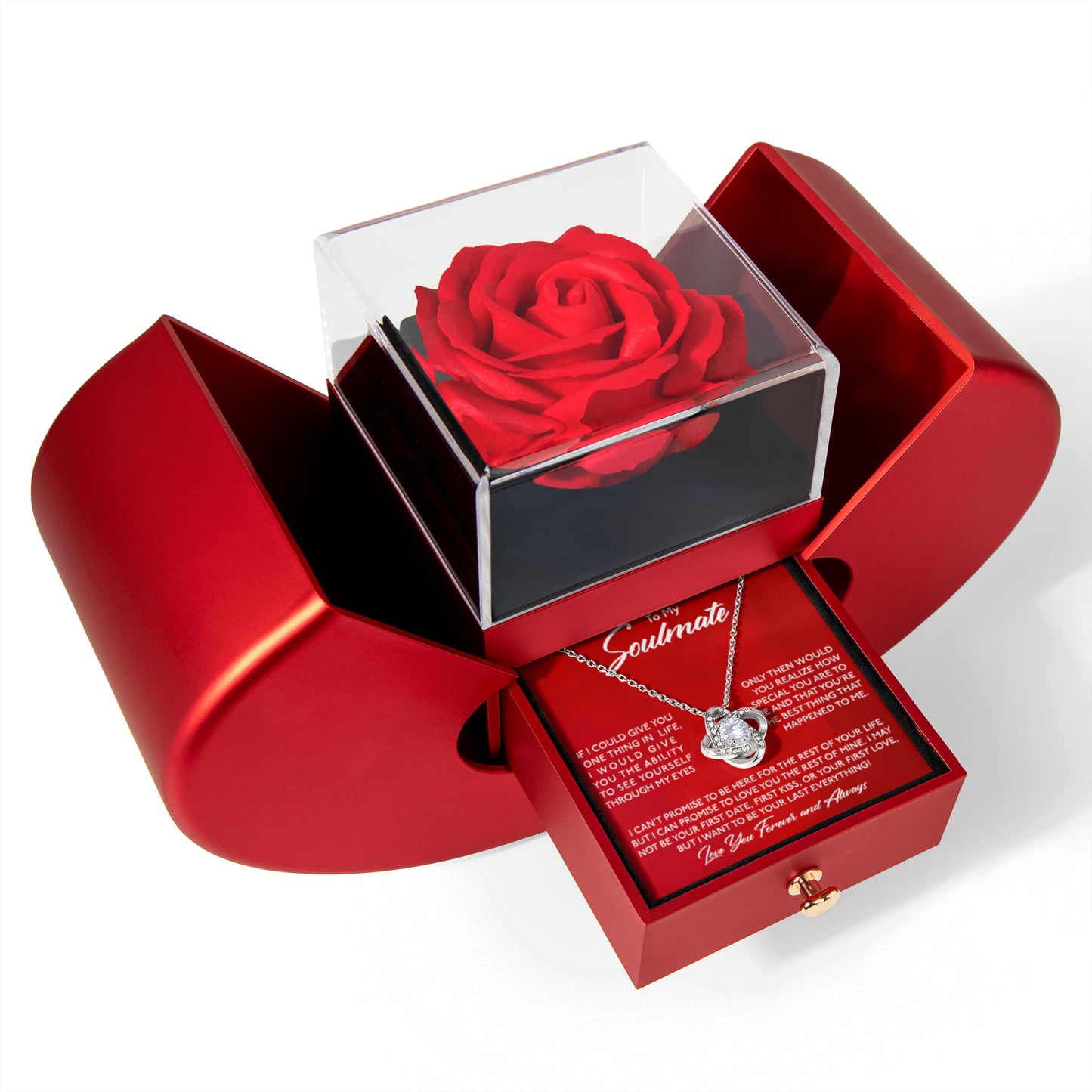 To My Soulmate - I Want To Be Your Last Everything - Eternal Love Knot Necklace with Red Heart Rose Gift Box - Free Shipping Included
