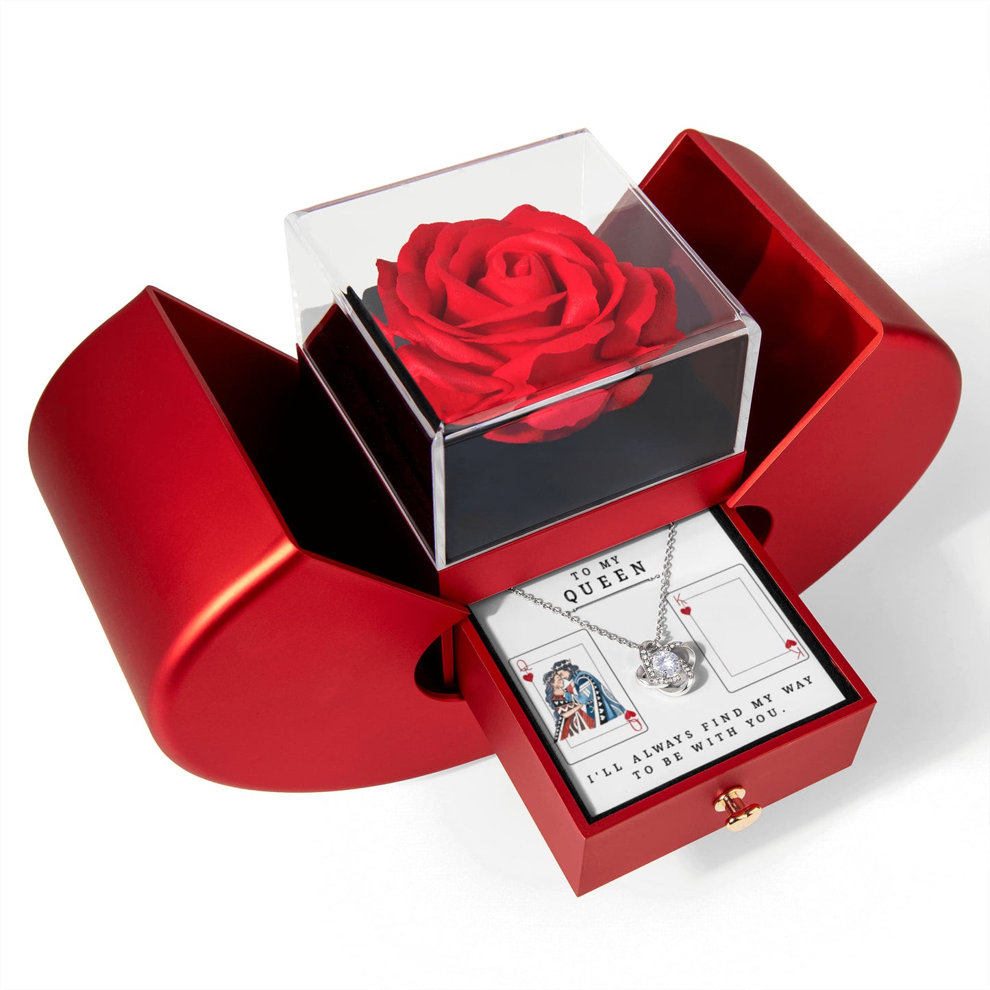 Wife Gift - To My Queen - Eternal Love Knot Necklace with Red Heart Rose Gift Box - Free Shipping Included