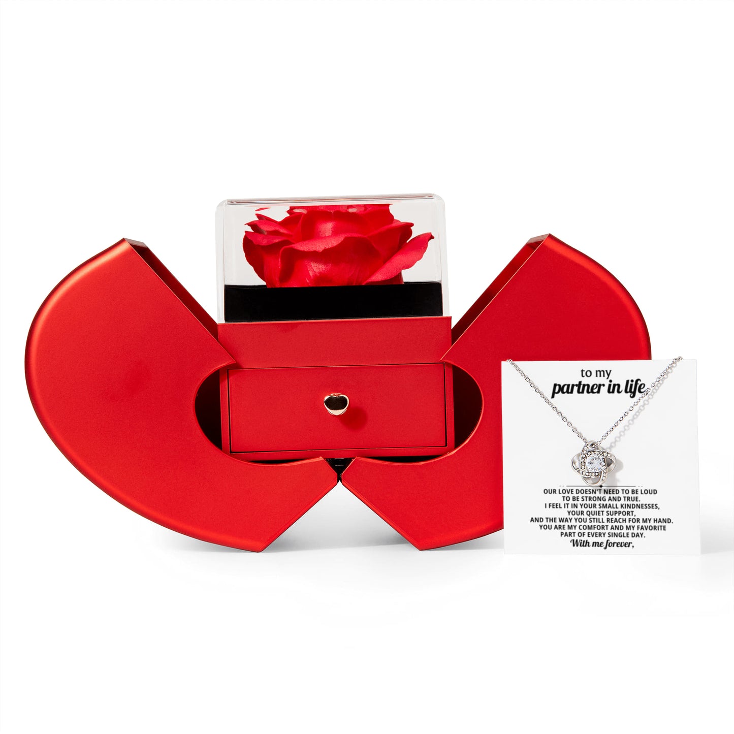 To My Wife - My Partner In Life - Eternal Love Knot Necklace with Red Heart Rose Gift Box - Free Shipping Included