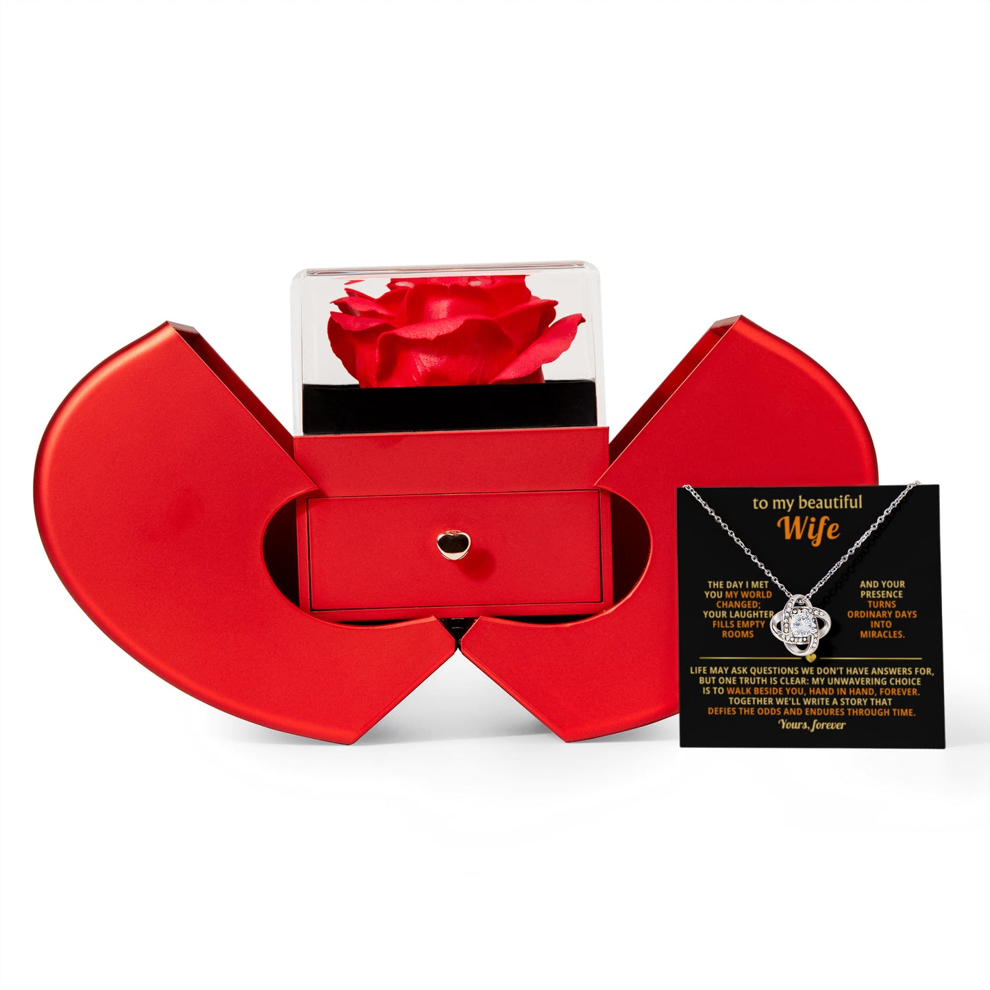 To My Wife - Walk Beside You, Hand In Hand - Eternal Love Knot Necklace with Red Heart Rose Gift Box - Free Shipping Included