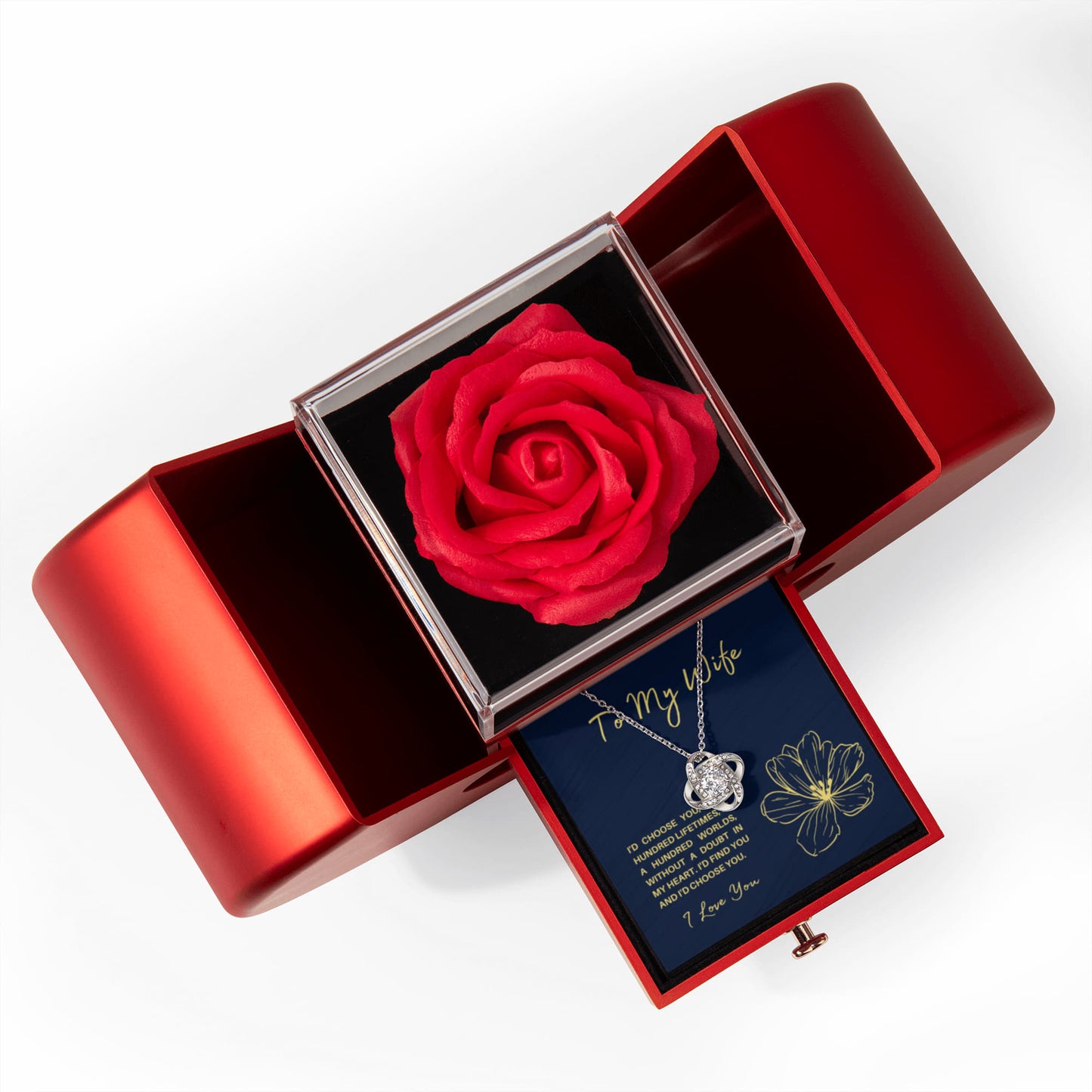 To My Wife - I'd Choose You In A Hundred Lifetimes- Eternal Love Knot Necklace with Red Heart Rose Gift Box - Free Shipping Included