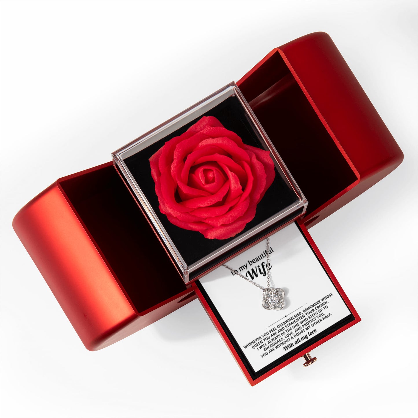 To My Wife - Love and Protect You - Eternal Love Knot Necklace with Red Heart Rose Gift Box - Free Shipping Included