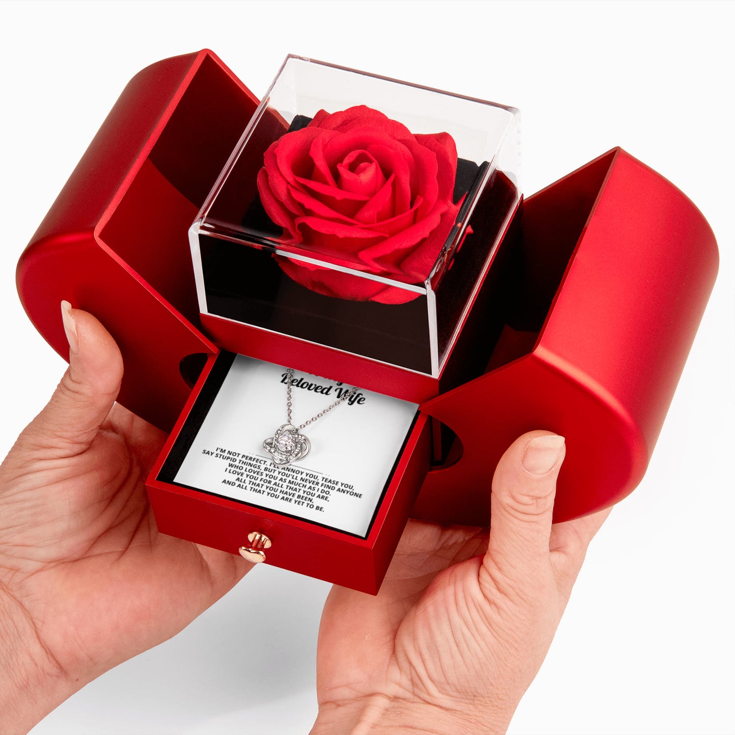 To My Wife - I'm Not Perfect - Eternal Love Knot Necklace with Red Heart Rose Gift Box - Free Shipping Included