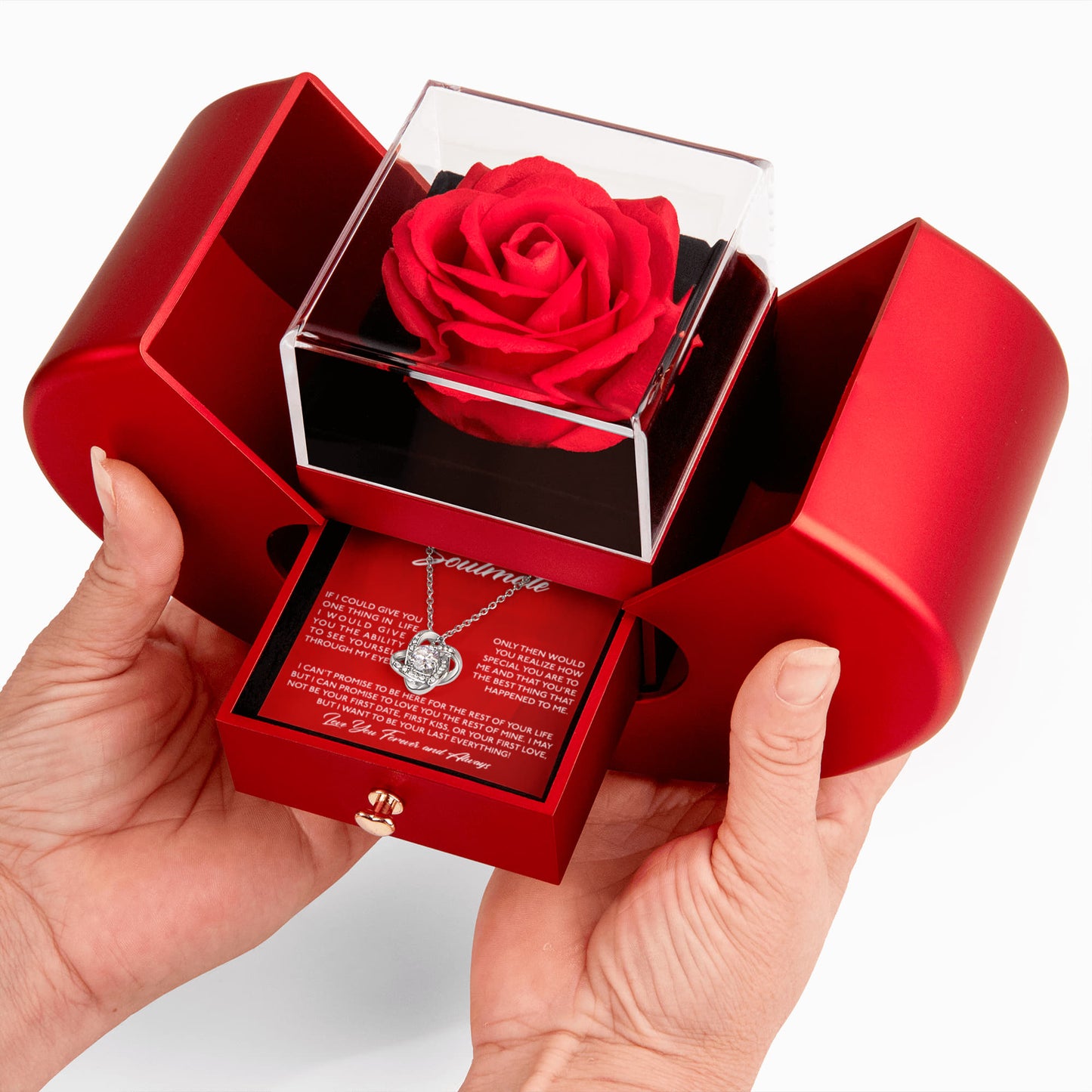 To My Soulmate - I Want To Be Your Last Everything - Eternal Love Knot Necklace with Red Heart Rose Gift Box - Free Shipping Included