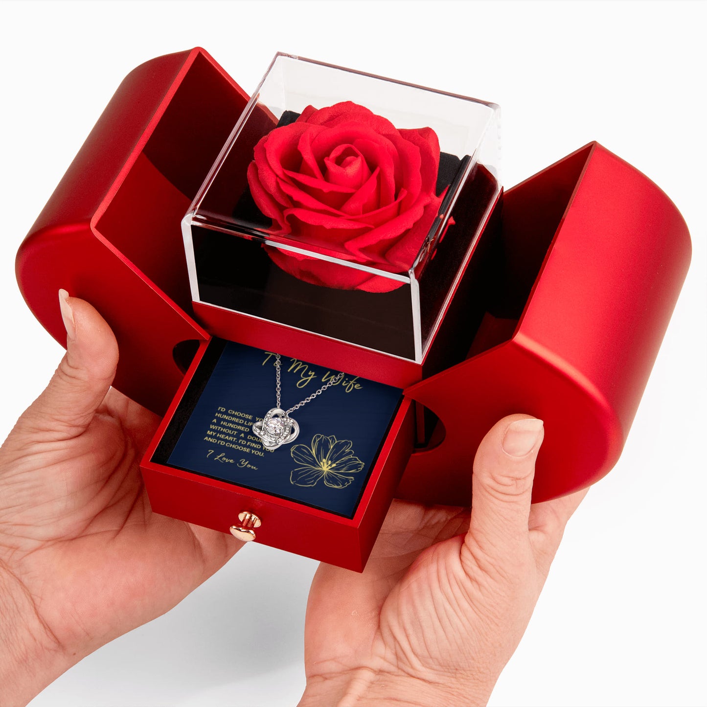 To My Wife - I'd Choose You In A Hundred Lifetimes- Eternal Love Knot Necklace with Red Heart Rose Gift Box - Free Shipping Included