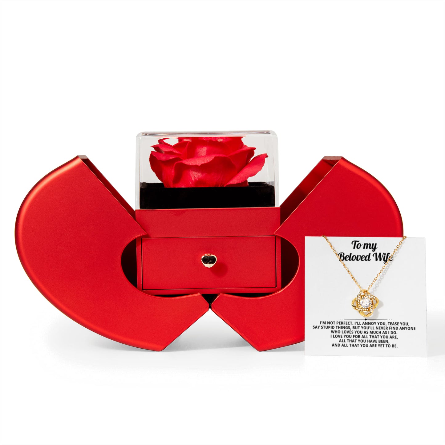 To My Wife - I'm Not Perfect - Eternal Love Knot Necklace with Red Heart Rose Gift Box - Free Shipping Included