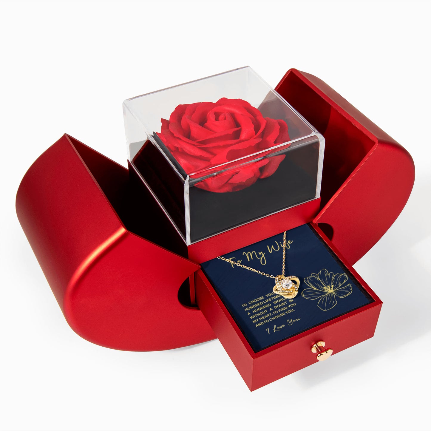 To My Wife - I'd Choose You In A Hundred Lifetimes- Eternal Love Knot Necklace with Red Heart Rose Gift Box - Free Shipping Included