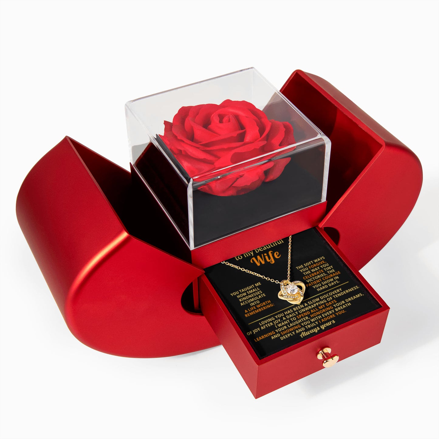 To My Wife - Joy After Joy - Eternal Love Knot Necklace with Red Heart Rose Gift Box - Free Shipping Included