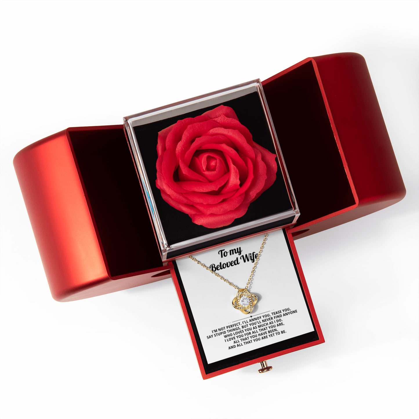 To My Wife - I'm Not Perfect - Eternal Love Knot Necklace with Red Heart Rose Gift Box - Free Shipping Included