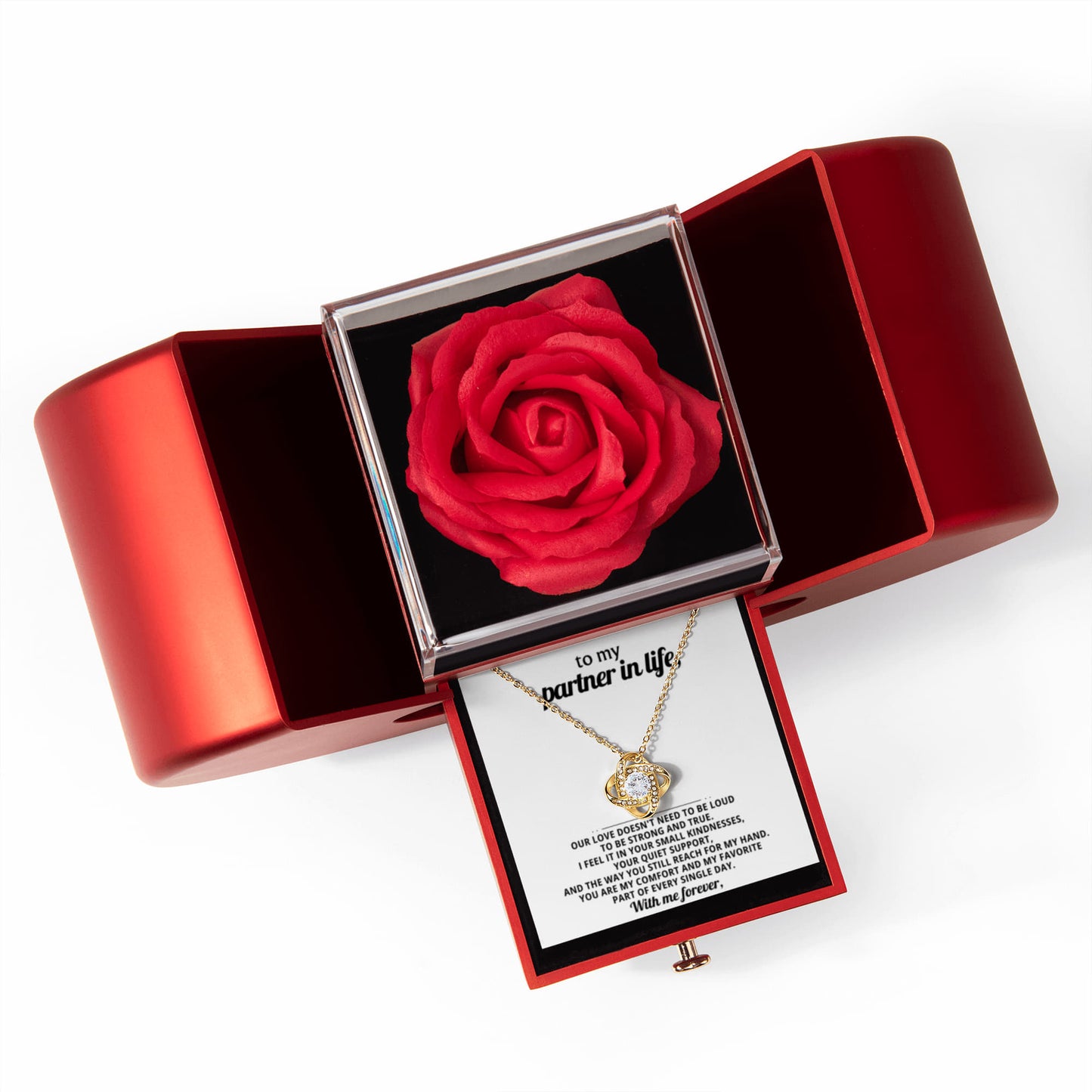 To My Wife - My Partner In Life - Eternal Love Knot Necklace with Red Heart Rose Gift Box - Free Shipping Included
