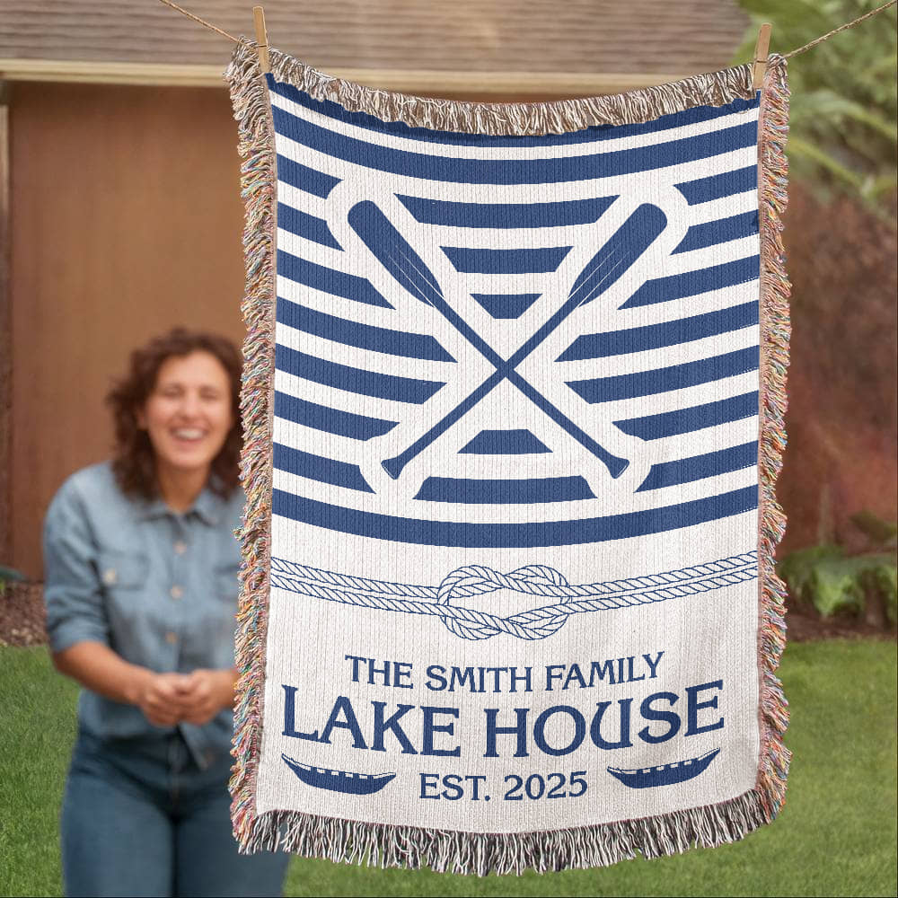 Personalized Woven Blanket for Lake House Owner - Family Name Lake House - Knot - Paddles - Canoes