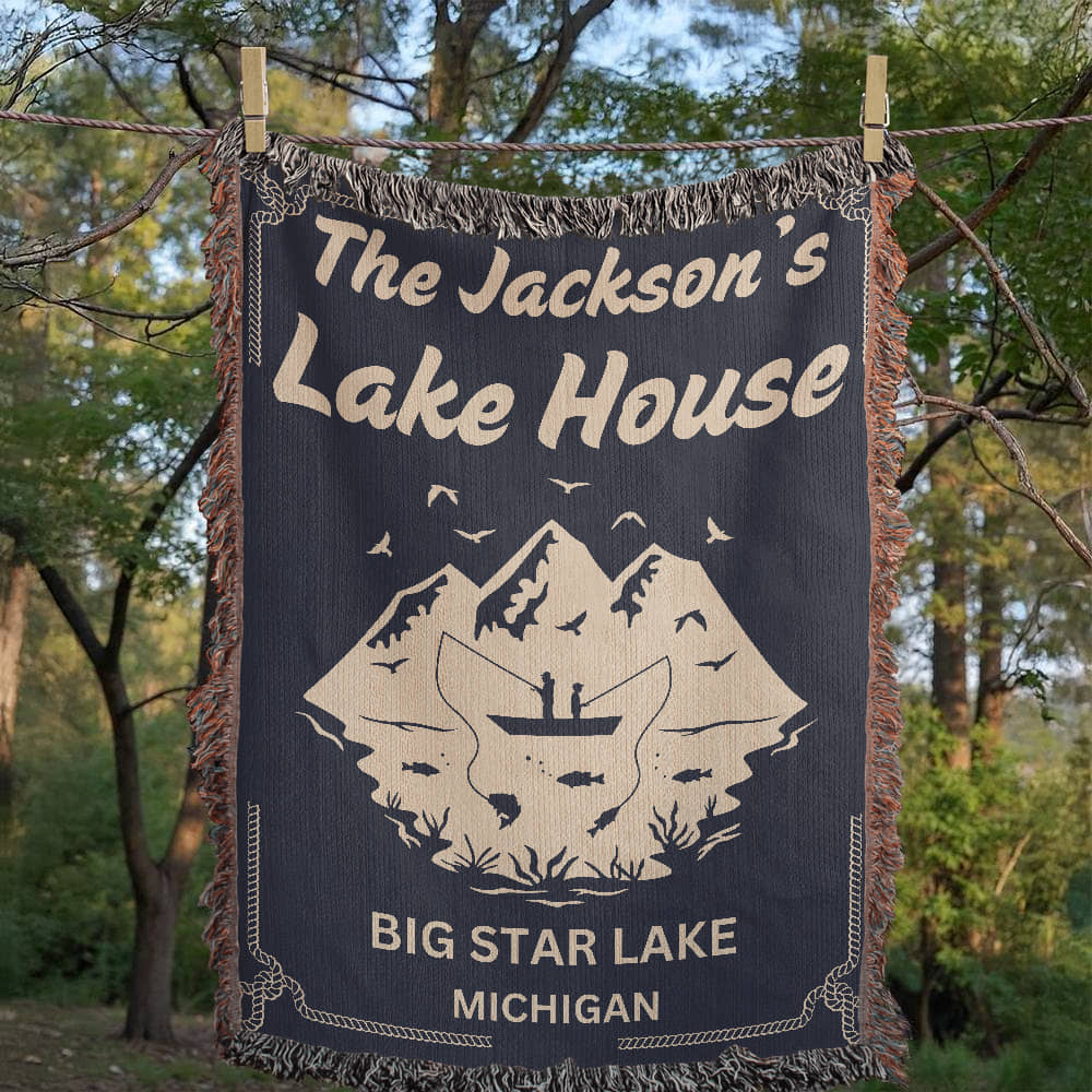 Personalized Woven Blanket for Lake House Owner - Family Name Lake House with Lake Name