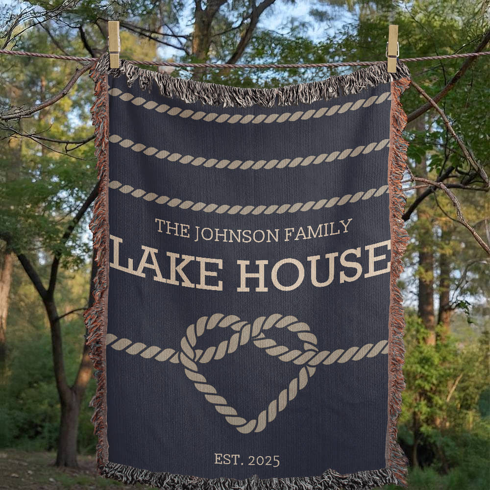 Personalized Woven Blanket for Lake House Owner - Family Name Lake House with Heart Rope