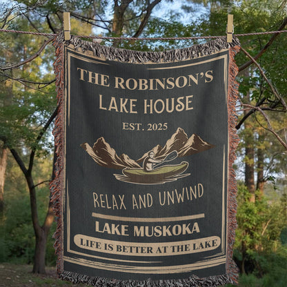 Personalized Woven Blanket for Lake House Owner - Family Name Lake House - Relax and Unwind