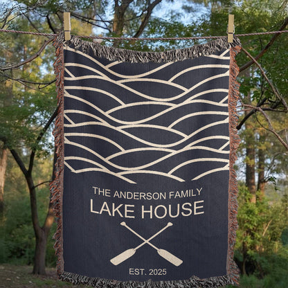 Personalized Woven Blanket for Lake House Owner - Family Name Lake House - Established - Waves and Paddles