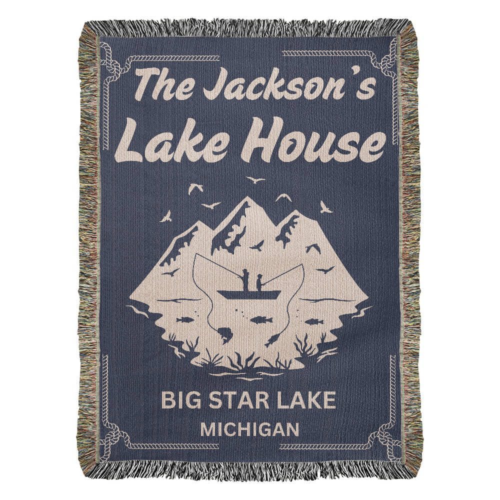 Personalized Woven Blanket for Lake House Owner - Family Name Lake House with Lake Name