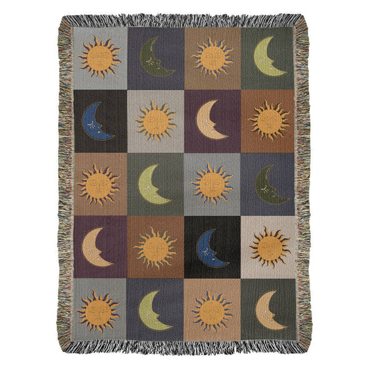 Boho Sun and Moon Woven Blanket - Celestial Checkerboard Throw Blanket, Vintage Astrology-Inspired Tapestry, Cozy Bohemian Home Decor Gift