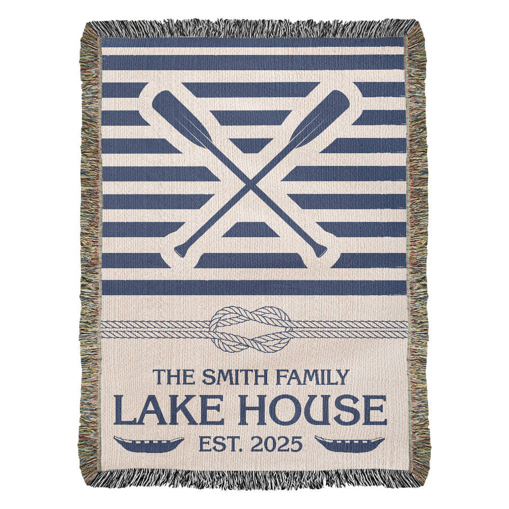 Personalized Woven Blanket for Lake House Owner - Family Name Lake House - Knot - Paddles - Canoes