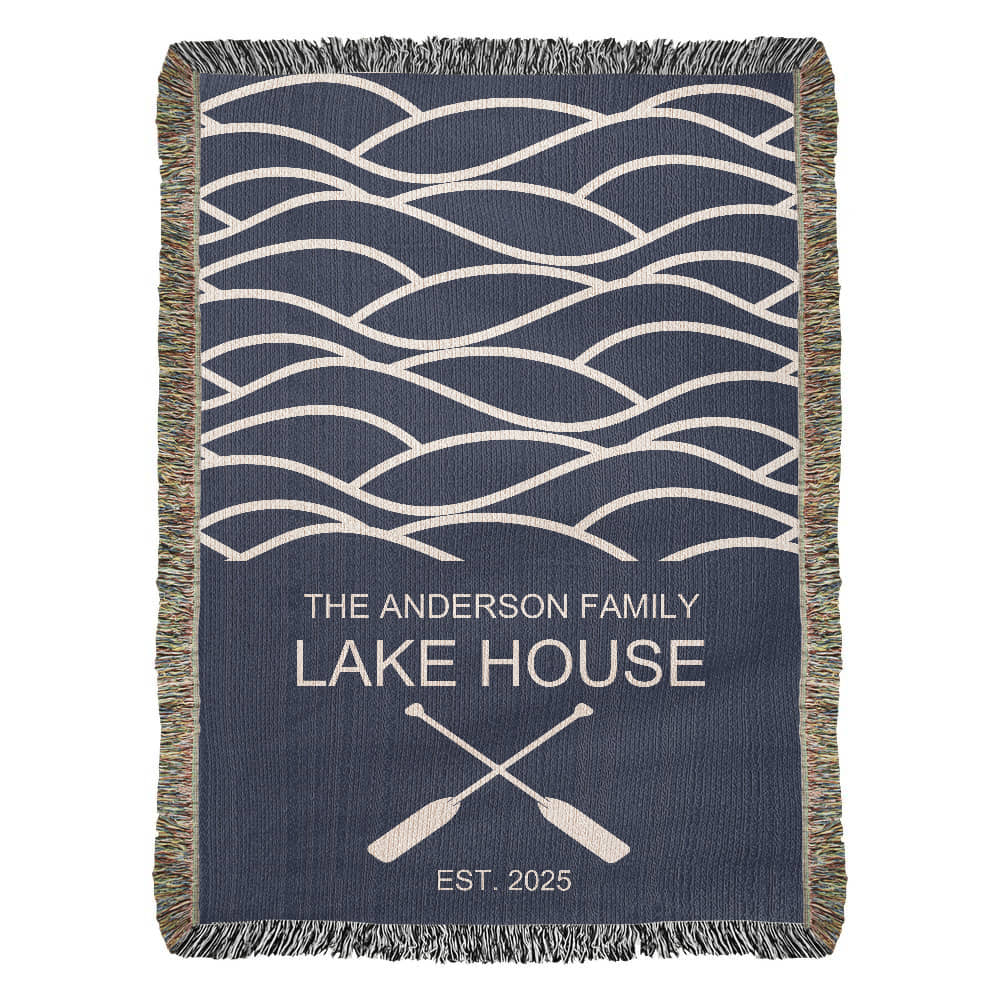Personalized Woven Blanket for Lake House Owner - Family Name Lake House - Established - Waves and Paddles