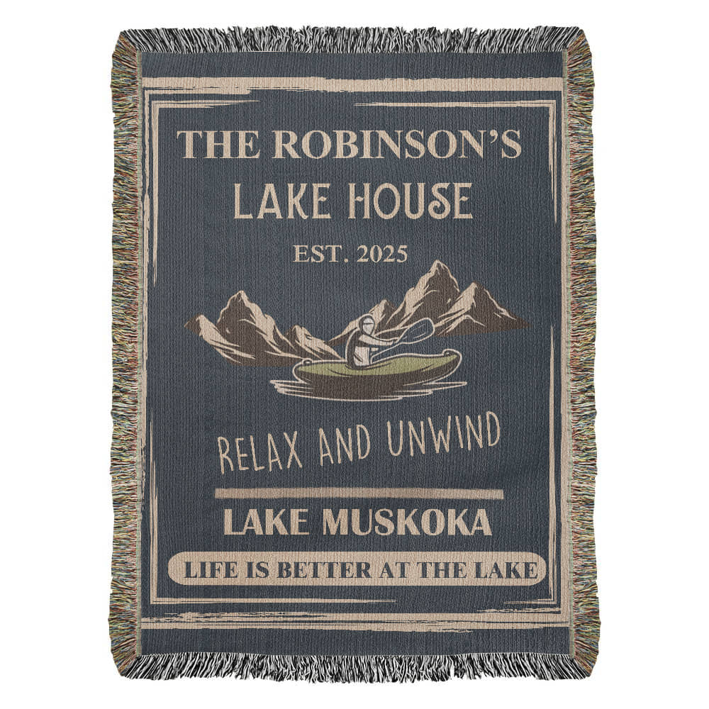 Personalized Woven Blanket for Lake House Owner - Family Name Lake House - Relax and Unwind