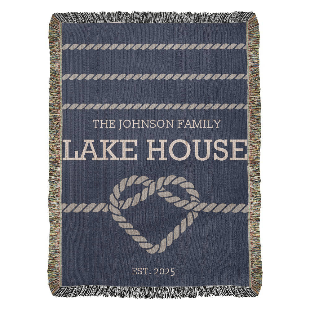 Personalized Woven Blanket for Lake House Owner - Family Name Lake House with Heart Rope