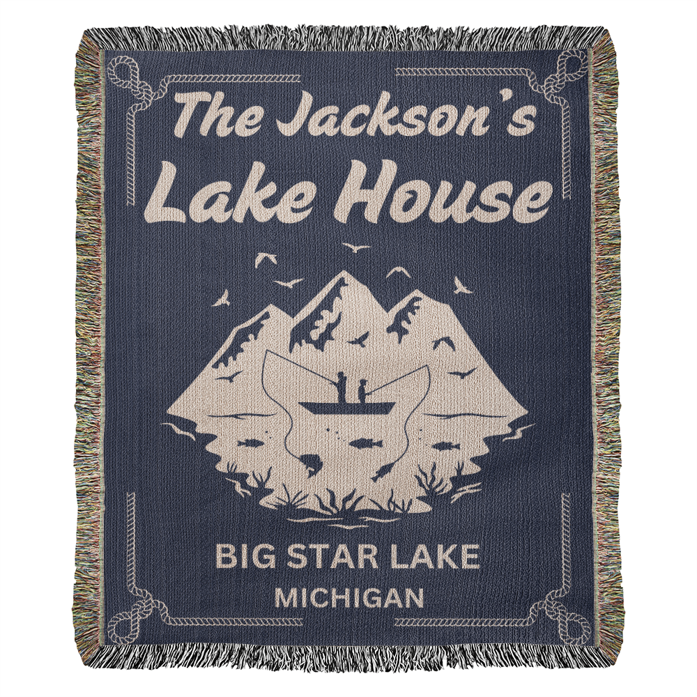 Personalized Woven Blanket for Lake House Owner - Family Name Lake House with Lake Name