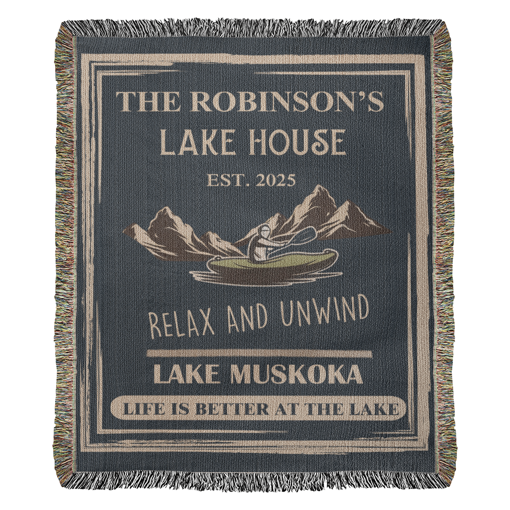 Personalized Woven Blanket for Lake House Owner - Family Name Lake House - Relax and Unwind