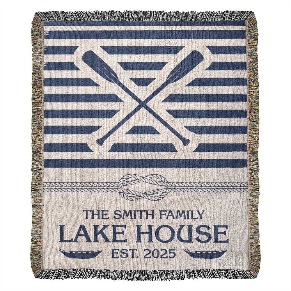 Personalized Woven Blanket for Lake House Owner - Family Name Lake House - Knot - Paddles - Canoes