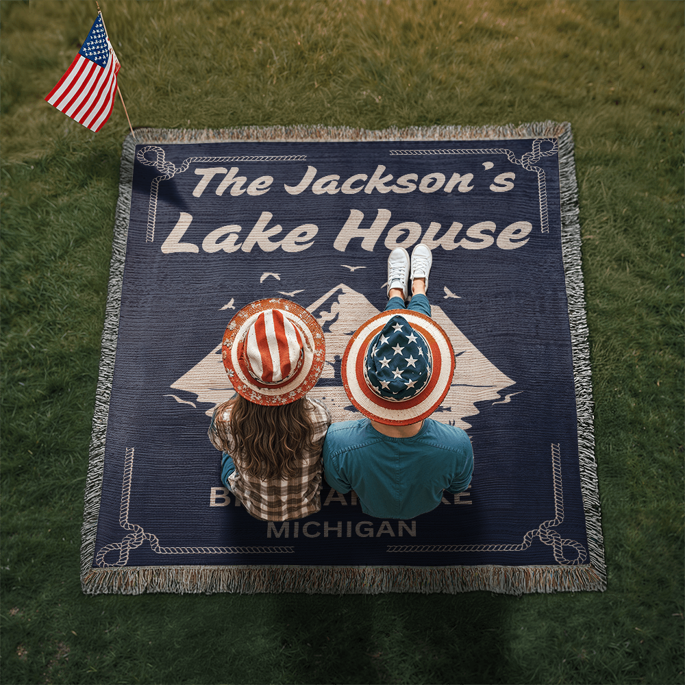 Personalized Woven Blanket for Lake House Owner - Family Name Lake House with Lake Name