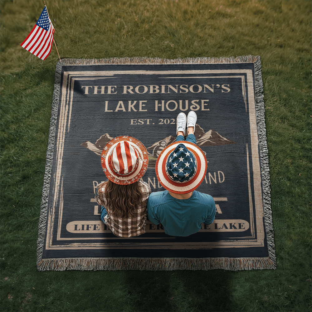 Personalized Woven Blanket for Lake House Owner - Family Name Lake House - Relax and Unwind