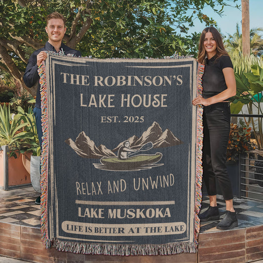 Personalized Woven Blanket for Lake House Owner - Family Name Lake House - Relax and Unwind