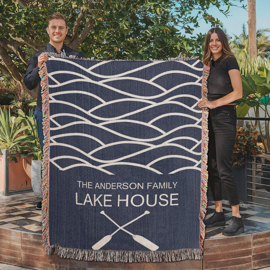 Personalized Woven Blanket for Lake House Owner - Family Name Lake House - Established - Waves and Paddles