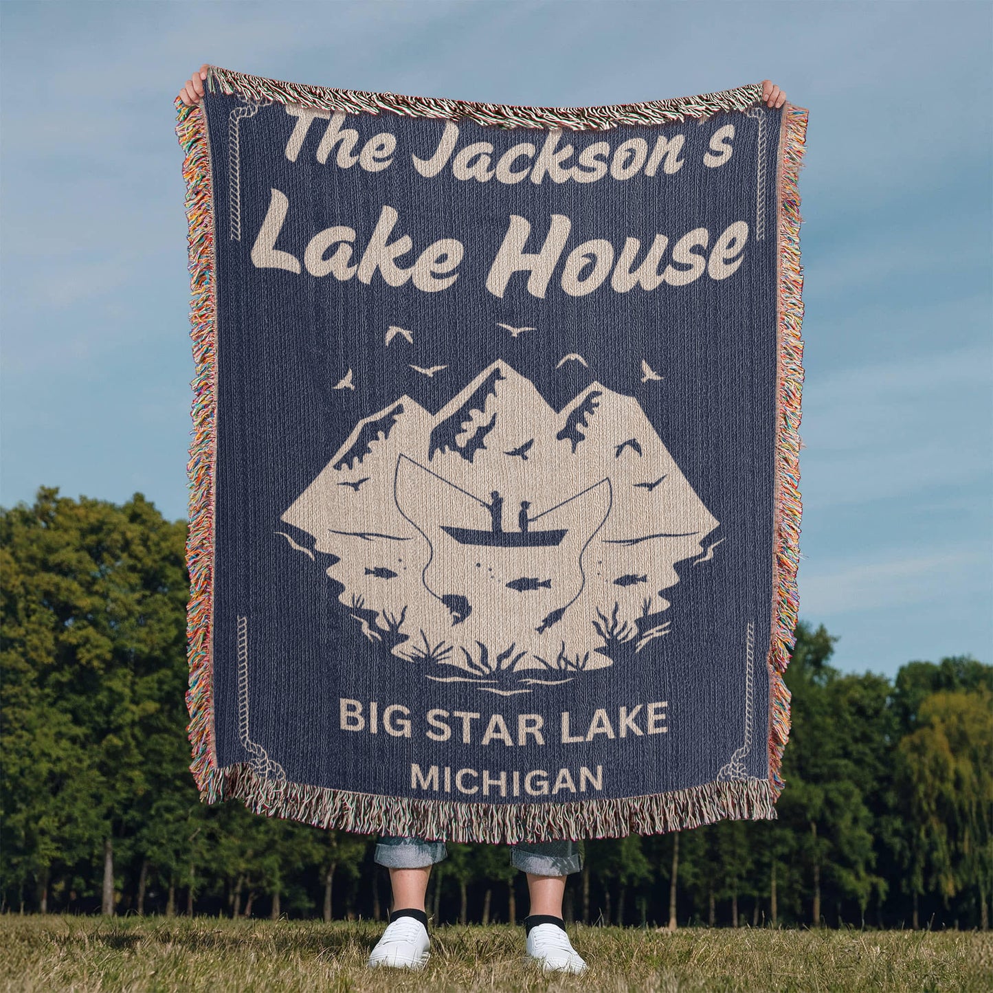 Personalized Woven Blanket for Lake House Owner - Family Name Lake House with Lake Name
