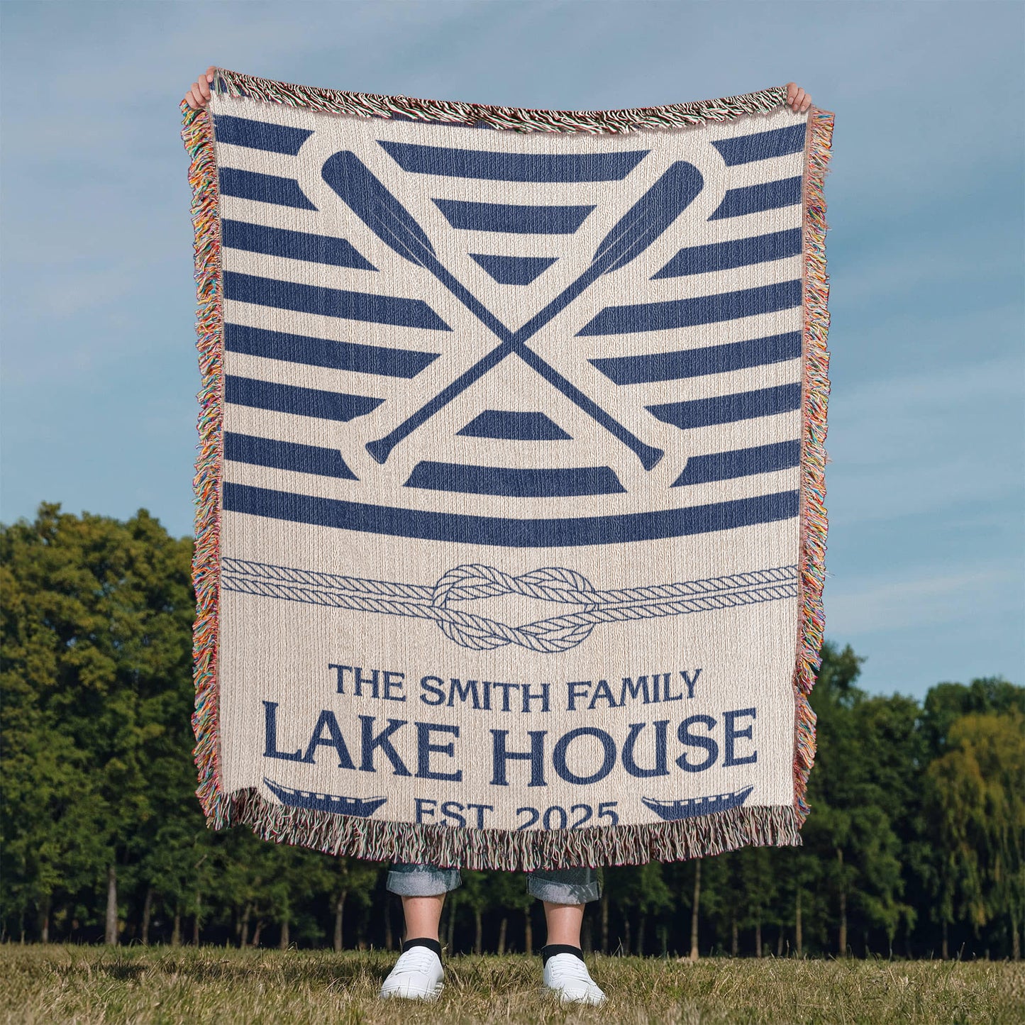 Personalized Woven Blanket for Lake House Owner - Family Name Lake House - Knot - Paddles - Canoes
