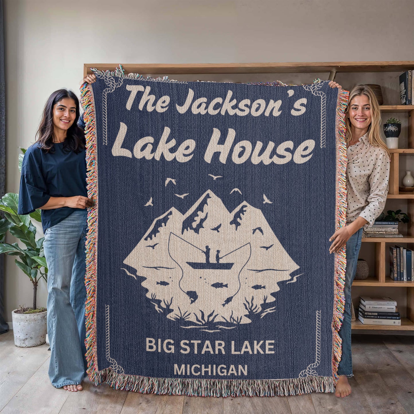 Personalized Woven Blanket for Lake House Owner - Family Name Lake House with Lake Name