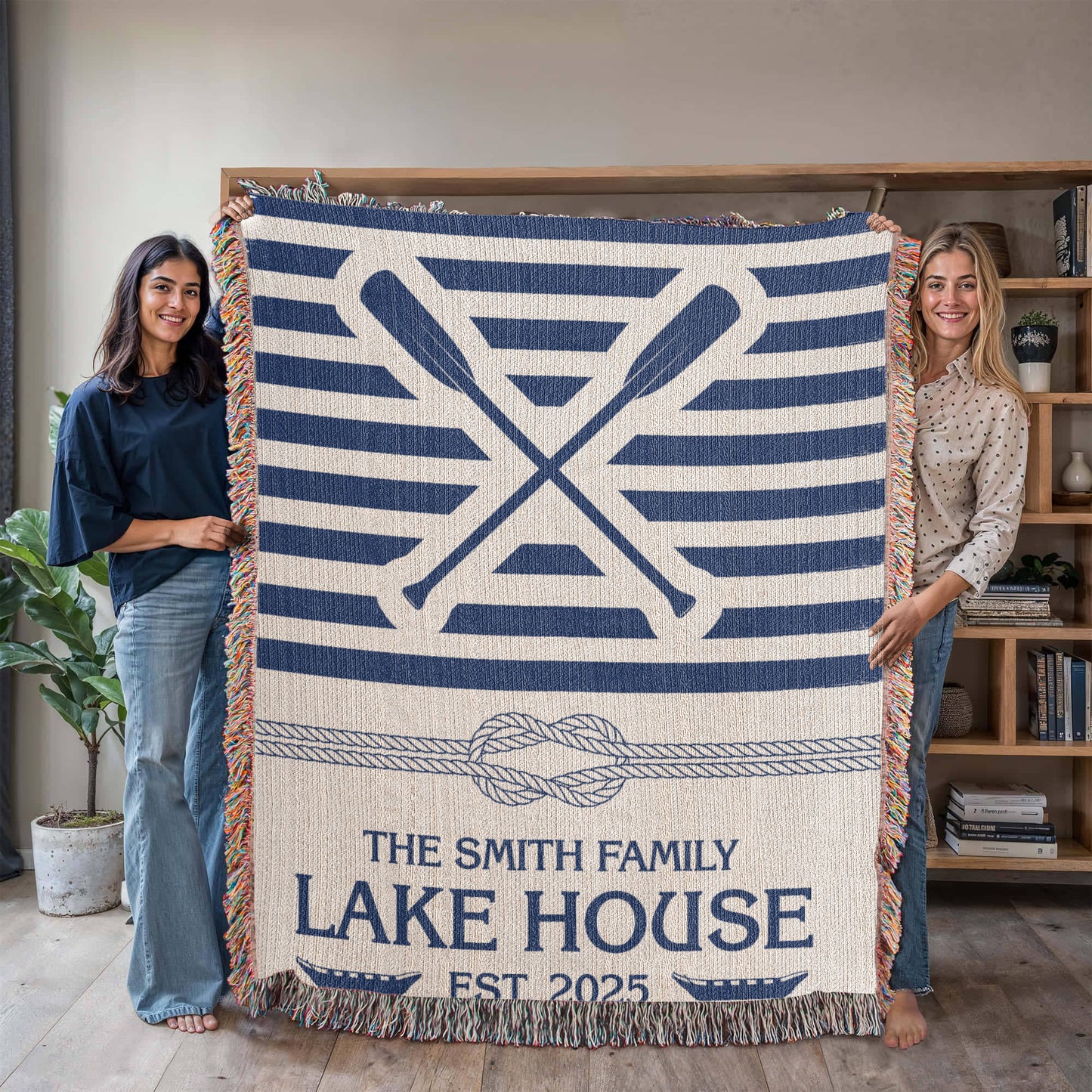 Personalized Woven Blanket for Lake House Owner - Family Name Lake House - Knot - Paddles - Canoes