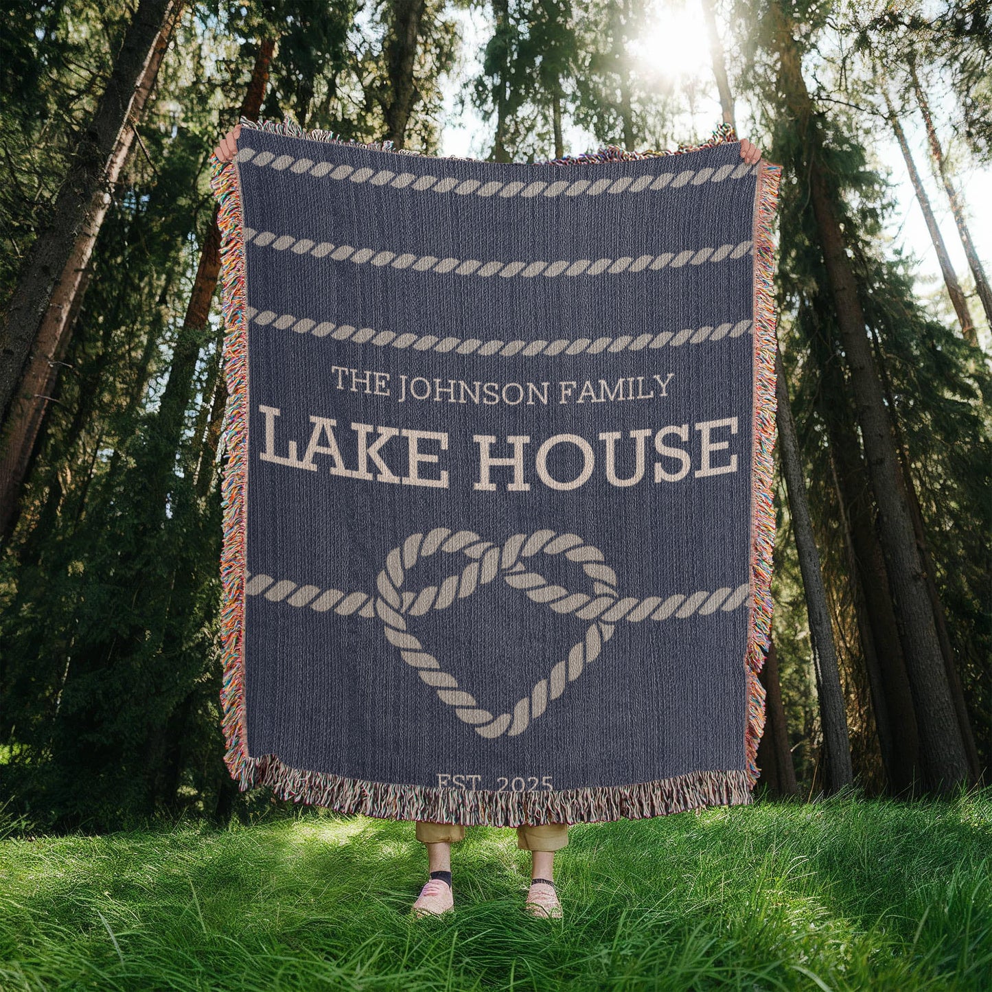 Personalized Woven Blanket for Lake House Owner - Family Name Lake House with Heart Rope